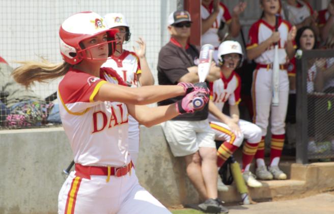 Dale junior Holland Herring decks a double in the Class 4A Regional Slow Pitch Tournament game against Mangum.