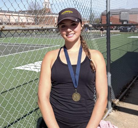 The Tecumseh High School Girls Tennis Team competed at the Shawnee Invitational on March 13. Senior Kyann Sells, shown, placed first in #1 Singles, and Anna Harvey came in seventh place in #2 Singles. Both the #1 Doubles team of Kalyn Bartmess and Maggie Johnson and the #2 Doubles team of Kylie Britt and Hannah Tidwell placed fourth. Tecumseh earned third place as a team. On March 9, Sells also placed second at the Ardmore Tennis Tournament. Photos provided by Jennifer McKnight