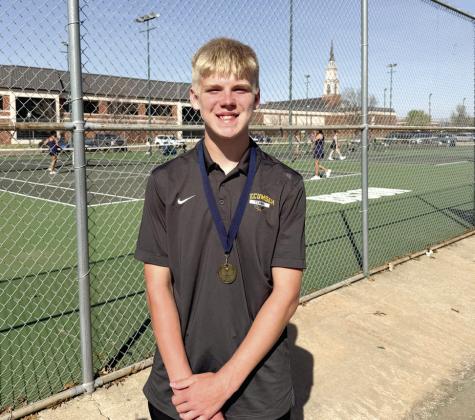 The Tecumseh High School Boys Tennis Team competed at the Shawnee Invitational on March 13. Sophomore Jaxon McCullough, shown, placed fifth in #2 Singles, and Ted Belshe placed fourth in #1 Singles. Xzavier Kommer and Eli Mullins got sixth place in #1 Doubles, and Christian Falcon and Harrison Kinsey also received sixth place in #2 Doubles. As a team, Tecumseh placed third overall.