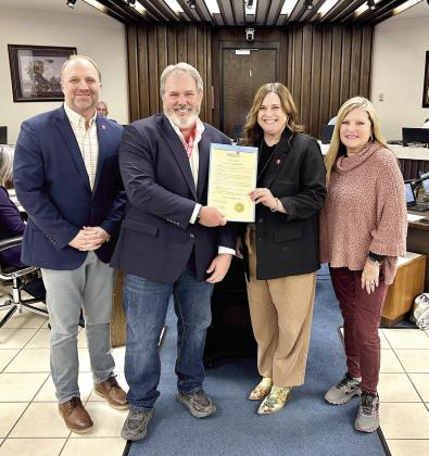 Mayor Eric Stephens declares Feb. 14 as “United Acts of Kindness” day. First United Bank (FUB) representatives accepting the proclamation are (pictured from left) the new Shawnee FUB President Brock Fletcher, Stephens, Spend Life Wisely Ambassador, Assistant Vice President Amanda Johnson, and Program Director Phyllis Bolt. Photo provided