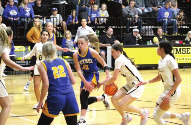 Tecumseh’s Kenzli Warden steals the ball from Bethel’s Josie Megehee (#21) during the Tecumseh home game on Dec. 3. Bethel won 71-57. Countywide &amp;amp; Sun/Natasha Dunagan