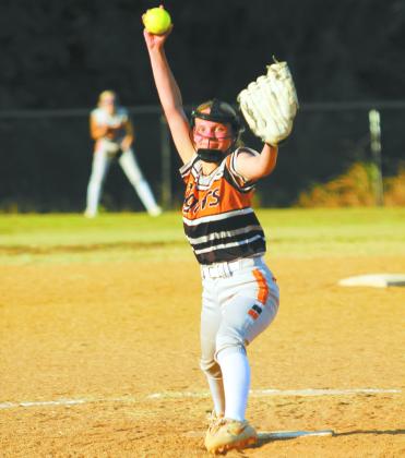 Maud senior Kylee Collins winds up her pitch during the home game with Macomb on Aug. 8.