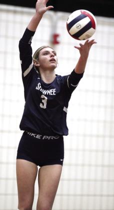 Shawnee senior Jordan Tash serves during the OSSAA Class 5A Volleyball State Tournament quarterfinals against Mount St. Mary, held at Moore High School on Oct. 24. The Lady Wolves lost, 0-3. They end the season with a record of 28-11. Countywide &amp; Sun/Natasha Dunagan
