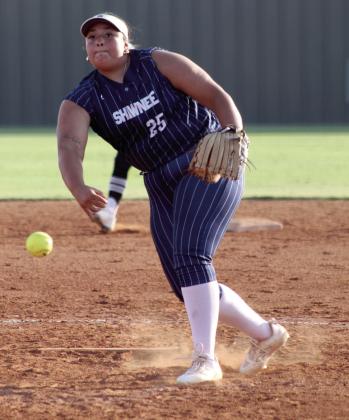 Shawnee's Lybbie Pigeon slings it across home during the third inning of the Aug. 20 home game against McAlester.