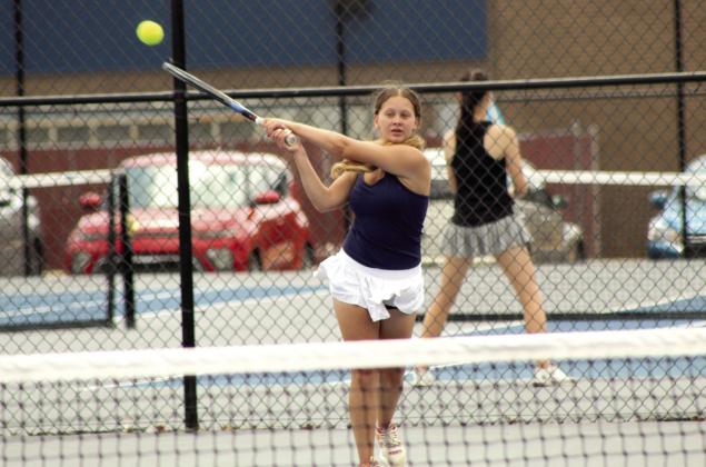 Shawnee junior Gracealan Ortega makes a forward stroke during the Suburban Conference Tournament on April 13. Ortega is on the #2 Doubles team with fellow junior Masei Hope, and they placed third. Photos by Natasha Dunagan, Countywide &amp;amp; Sun