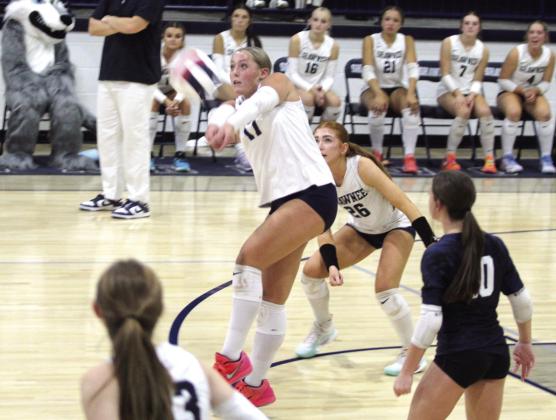 Shawnee junior Molly Megehee uses a bump pass to keep the ball in play during the Aug. 27 home meet against El Reno. Photos by Natasha Dunagan, Countywide &amp;amp; Sun