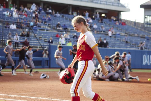 The last batter of the game, Dale sophomore Heartly Snyder takes the long walk back to the dugout, as the Caddo slow pitch team celebrates, on May 3 in OKC. Despite having four home runs in that game, the Lady Pirates lost in the Class 3A State Championship, 8-13. That same day, they beat Haskell, 11-4, and Tushka, 13-2. Their record for the season is 35-6, as the State Runner-Up.