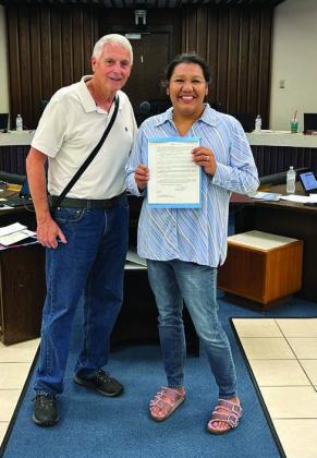 On behalf of the Shawnee Board of City Commissioners, Mayor Ed Bolt present Yannah Frazier with a Resolution expressing appreciation for outstanding service to Ward 3 and to the citizens of the City of Shawnee while sitting on the Board of City Commissioners. Bolt also had a similar certificate to be presented to Vice Mayor and 4 Commissioner Darren Rutherford, but Rutherford did not attend the meeting. Photo provided by the City of Shawnee.