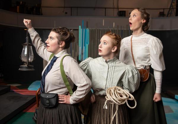 OBU Theatre will present the adventurous comedy “On the Verge” April 7-10. Pictured, left to right: Kennedy Largent, Zoe Burdess, and Natalie Bright. OBU photo by Clinton Sinclair.
