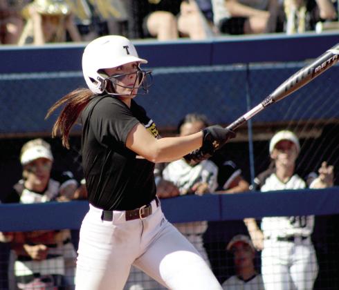 Tecumseh’s Bristin Hayes hits a single in the fifth inning of the Class 4A State Fastpitch Championship against Lone Grove on Oct. 15 at the USA Softball Hall of Fame Complex. The Lady Savages brought home the Runner-Up trophy, losing 0-3. Countywide &amp;amp; Sun/Natasha Dunagan