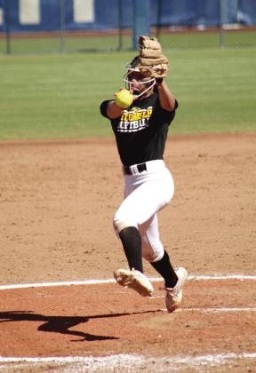 Tecumseh’s Serenity Jacoway slings the ball over home plate in the fourth inning of the Class 4A State Fastpitch Championship on Oct. 15 at the USA Softball Hall of Fame Complex in OKC. Jacoway pitched all seven innings of the finals game.