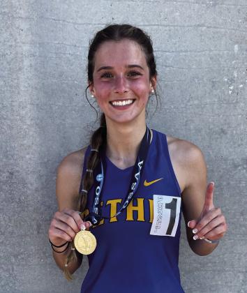 Baylee Tapley of Bethel won first place in the 3,200-meter race at the Track and Field State Championships last month. She also placed fifth in the 800-meter race. Photo provided