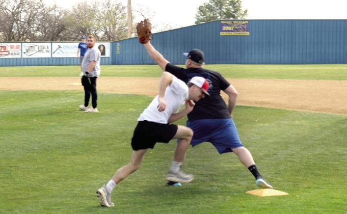 James Brooks makes the catch as Jake Stephenson almost reaches first during the Annual Bethel Baseball Alumni Game on Feb. 28. Bethel Baseball Season opened on March 3 against Millwood. Natasha Dunagan, Countywide &amp;amp; Sun