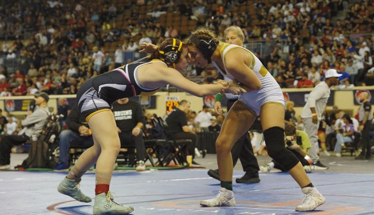 Kylei Gokey of Tecumseh, left, takes on Gage Vaughn in the Oklahoma State Wrestling Tournament in folkstyle earlier this year. Vaughn was also on Team Oklahoma in Fargo. Photo provided