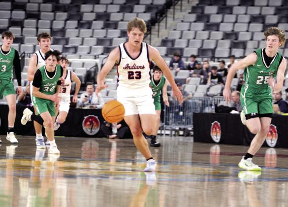 Asher's Andrew Overstreet takes it up-court before adding two points in the first quarter of the Class B2 State Quarterfinal game against Leedey on March 3 at the OG&amp;E Coliseum in OKC. The Indians lost, 42-52, and they end their season with a record of 24-7. Click on the camera banner ad below to see all the photos. Photos by Natasha Dunagan, Countywide &amp; Sun