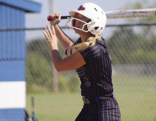 Bethel senior Brooklyn Duff watches the ball after a hit in the third inning of the Class 3A Super Regional Tournament.