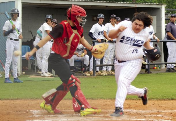 ... Asher's Noah Franco steps on home plate for the steal as the ball is thrown past the catcher. Photos by Natasha Dunagan, Countywide &amp;amp; Sun