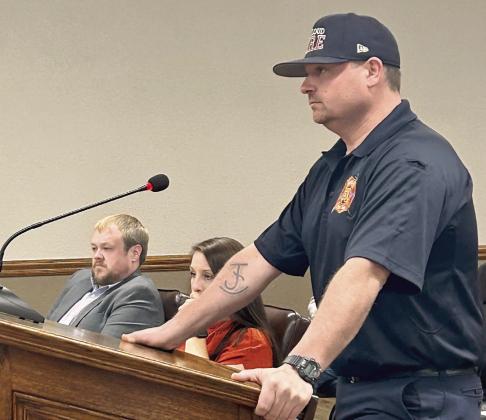 McLoud Fire Chief Josh Jenkins addresses the City Council with a request to change dispatch services for the Fire Department. Jenkins said the McLoud Police Department is happy with the services they receive from Central Dispatch and will not make the transition. Only the Fire Department will make the move by January 2025.