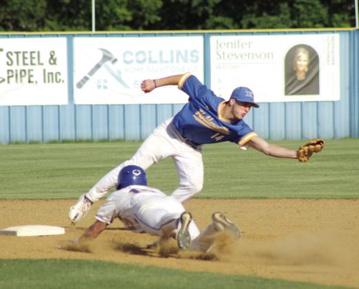 Bethel senior Zane Anderson dives to steal second as the Holdenville second-baseman reaches for the catch during the April 20 home game. The Wildcats won 11-6. Natasha Dunagan, Countywide &amp; Sun