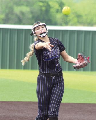 Bethel junior Kinley Anthony sends a slow pitch toward home during the April 16 game against Strother. Natasha Dunagan, Countywide &amp; Sun