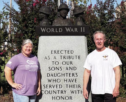 Tecumseh Chamber President, Kim Elliott poses next to Force 50 Project Coordinator Pete Reed, MAJ (Ret) . Teccumseh was stop 22 of 100 for the 100 towns in 100 days funding campaign that will encompass all 77 counties. Photo Provided