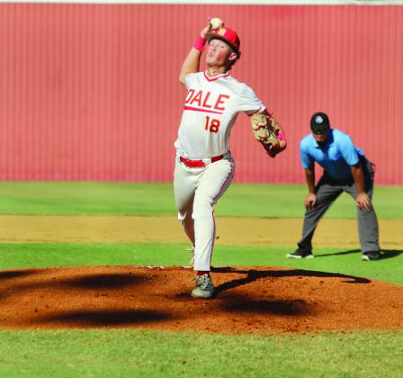 Dale junior Briar Turman winds up and aims during the Dale Baseball Invitational Championship game with Okarche on Aug. 16.