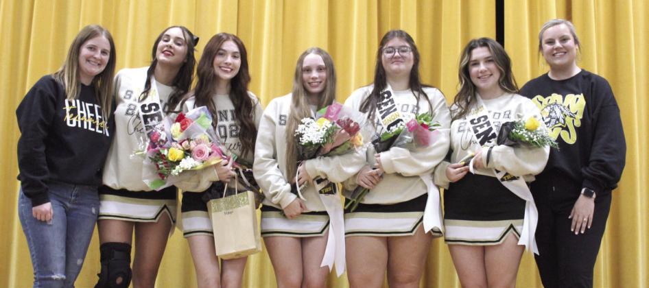 The Tecumseh High School senior cheerleaders pose together on Fall Senior Night at the W.P. Wood/THS Alumni Center, Nov. 8. Shown, from left, are Coach Jacee Miller, Camryn Wood, Mayci Chupco, Gabby Hill, Ashtyn Kidney, Meghan Elizabeth, and Coach Katie Marrs. Photo provided by Tracey Forrester.