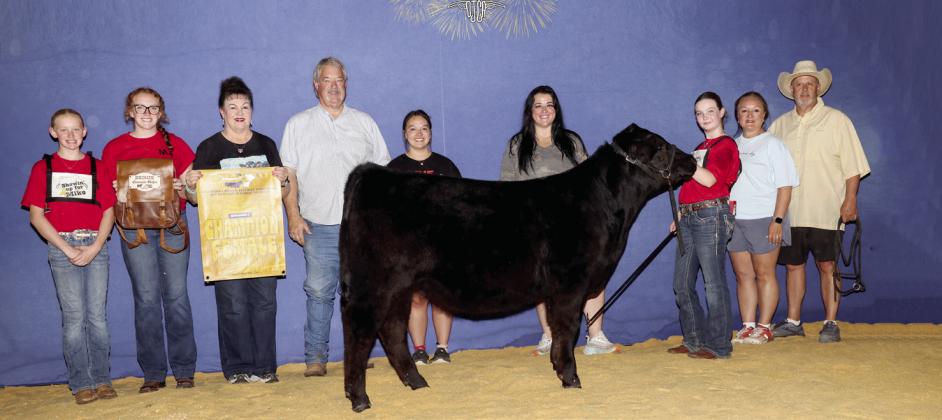 Taycie Baker of Bethel won first in class and Division 1, as well as the Bronze Medallion Overall Limousin Heifer, for 'Hops.' Shown, from left, are Callie Loman, Grace Loman, Suzanne Gilbert, Randy Gilbert, Morley Griffith, Annie Jo Gilbert, Baker, Twana Griffith and Matt Griffith. Photo provided by Suzanne Gilbert