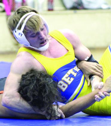 Bethel’s Brady Lower tries to flip Lexington’s Johnathan Minor in the Bethel High School Dual on Jan. 9. The overall final score for the meet was a victory for Bethel, 36-24. File photo