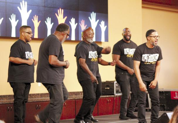 The Beta Eta Lambda/Alpha Phi Alpha Stomp Show performs at the Juneteenth Reception, held at the Grand Casino Hotel and Resort on June 21. Other musical acts at the event included Cletis Lowe, Anice Young, and the trio of Barbara Cooks, Galian Murphy and Willie Huffman. Countywide &amp; Sun/Natasha Dunagan