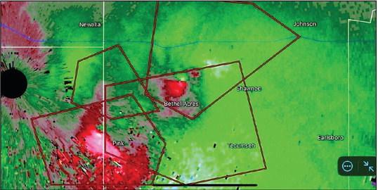 All three areas of rotation are included in this radar photo. William Austin Weaver says the spot of pink is the rotation that formed the tornado that hit Shawnee. Photo provided