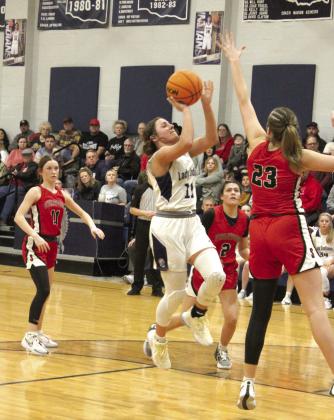 Asher’s Cadence Leba makes her jump shot and gets the foul in the fourth quarter of the Senior Night home game with Stratford, Feb. 2. The Lady Indians lost, 33-38. They will play in District 3 competition, Feb. 10, at 6 pm, in Asher. Countywide &amp; Sun/Natasha Dunagan