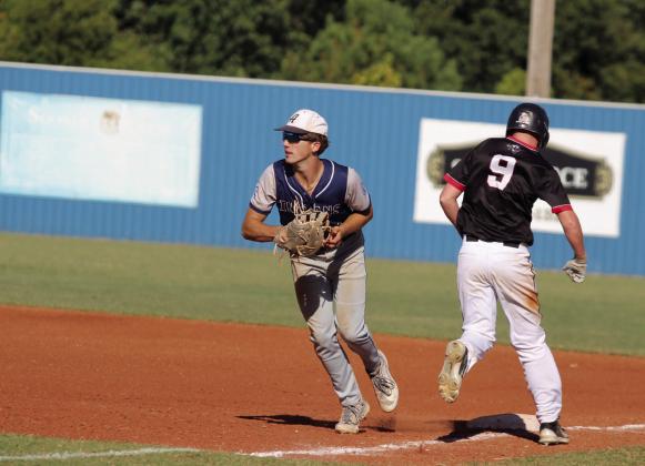 Asher sophomore Hudson Skender makes the catch at first base during the Sept. 26 Class B District game with Lookeba-Sickles. The Indians won that game, 12-0, as well as the game with Mc-Curtain, 18-0. On Sept. 27, the districts continued, and Asher beat Lookeba-Sickles again, 11-0. The Indians will face off with Mill Creek in regional play today (Oct. 3) at 4 pm in Boswell. If they win the second game at 6 pm, they will advance to the State Tournament. Countywide &amp;amp; Sun/Natasha Dunagan