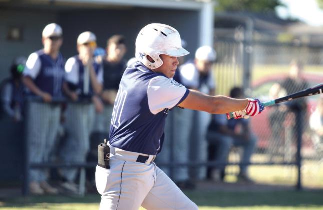 Asher junior Beau Willis hits a single during the Sept. 26 Class B District game with Lookeba-Sickles.