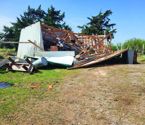 The storage shed/garage at 1 Day Ranch Rescue was destroyed during the Apr. 19 tornado. Photo provided.