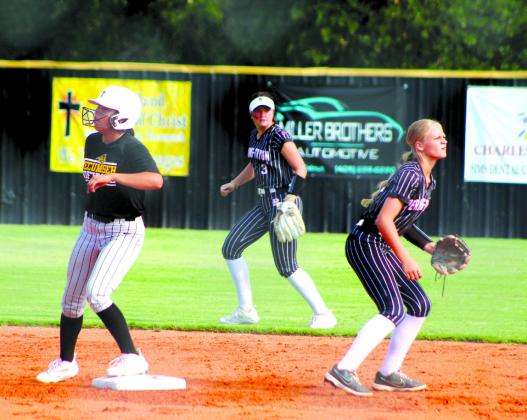 Tecumseh junior Zariyah Masquas steps on second base before the ball is caught in the second inning of the home game with Perkins-Tryon.
