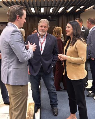 From left, ODAA Executive Director Grayson Ardies, Shawnee Mayor Eric Stephens, and Congresswoman Stephanie Bice visit about the upgrades to the Shawnee Regional Airport. Suzie Campbell, Countywide &amp;amp; Sun