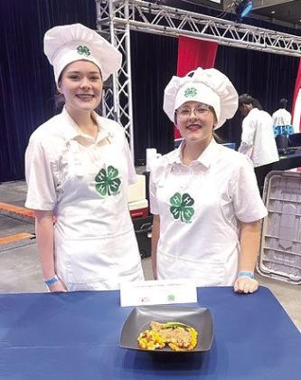 Tori Nelms of North Rock Creek, left, and Madison Maddox of Dale represented Oklahoma 4-H in the "Great American Seafood Cookoff: 4-H Edition" on July 26 in New Orleans, LA, and took fourth place with their Pecan-Crusted Catfish with Sweet Potato Purée and Peach Andouille Sausage Maque Choux, using Oklahoma-sourced ingredients. Over the past year, they have competed in other 4-H cooking contests to earn their place at the seafood competition. Photo provided