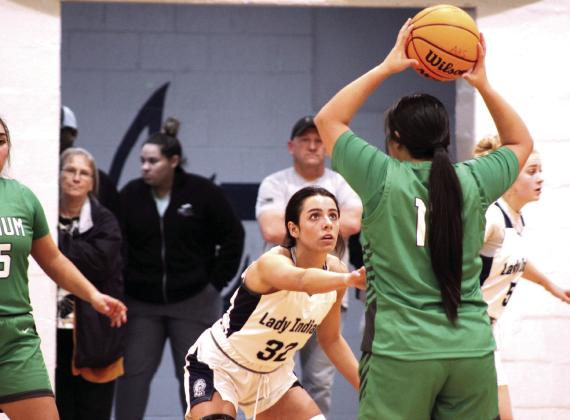 Asher’s Payton Leba guards a Varnum player in the home game on Jan. 2. The Lady Indians lost, 38-52. Countywide &amp; Sun/Natasha Dunagan