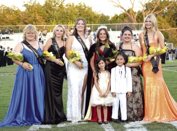 The Tecumseh High School Homecoming Court, on Oct. 3, were Freshman Jaydi Peacock; Junior Brynlyn Blackwood; Senior Adelaide Lack; Queen Cadence Leba; Senior Cheyanna Dietz and Sophomore Makenzie Benge. The flower girl and crown bearer are kindergarteners Amiya Brooks-Rickey and Kalen Shields. Julie Talton, Countywide &amp; Sun