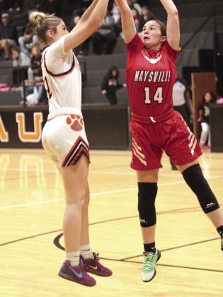 Maud junior Aubri Kueneman takes her shot in the Dec. 4 game against Maysville during the Maud 8-Man Basketball Tournament.