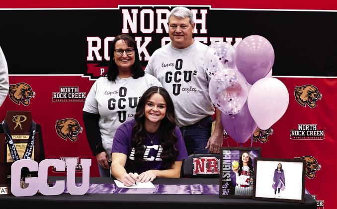 North Rock Creek’s Sarah Campbell signed with Grand Canyon State University. She is pictured above with her parents, Maria and Robert Campbell.