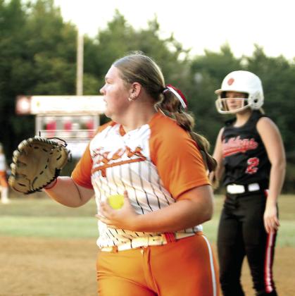 Maud junior Emaleigh Gensman makes the catch at first and throws back to the pitcher in the home game against Carney on Sept. 22. The Lady Tigers lost that game, 0-11, and ended their season in district play against Asher on Sept. 25. Natasha Dunagan, Countywide &amp; Sun