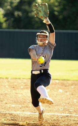 Asher junior Makaylee Harrell sends one flying over home during the home game against Wetumka on Sept. 22. The Lady Indians won that game, 8-0. They also won both of their Class B Fast Pitch District Tournament games with Maud on Sept. 25: 17-0 and 12-0. Natasha Dunagan, Countywide &amp; Sun