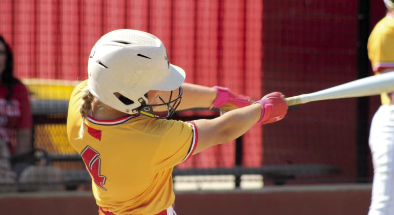 Dale senior Reese Herring hits a single during the Class 2A Regional Tournament game against Texhoma/Goodwell on Sept. 25. The Lady Pirates won that game, 12-0, as well as the next two games against Mangum, 9-0 on Sept. 25 and 7-1 on Sept. 26. Natasha Dunagan, Countywide &amp; Sun
