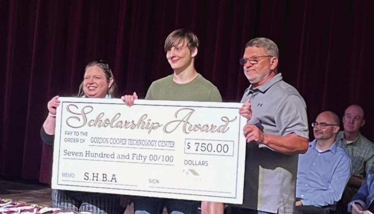 The recipient of the 2025 Shawnee Home Builders Association electrical scholarship is Levi Schwartz. Pictured from left are April Grant, SHBA Board member, Schwartz, and SHBA President, Greg Sebastian. Photo provided by Shawnee Forward