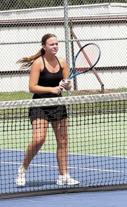 Tecumseh junior Maggie Johnson competes in #1 Doubles at the Henryetta Tennis Tournament on April 16. Photo courtesy of Jennifer McKnight