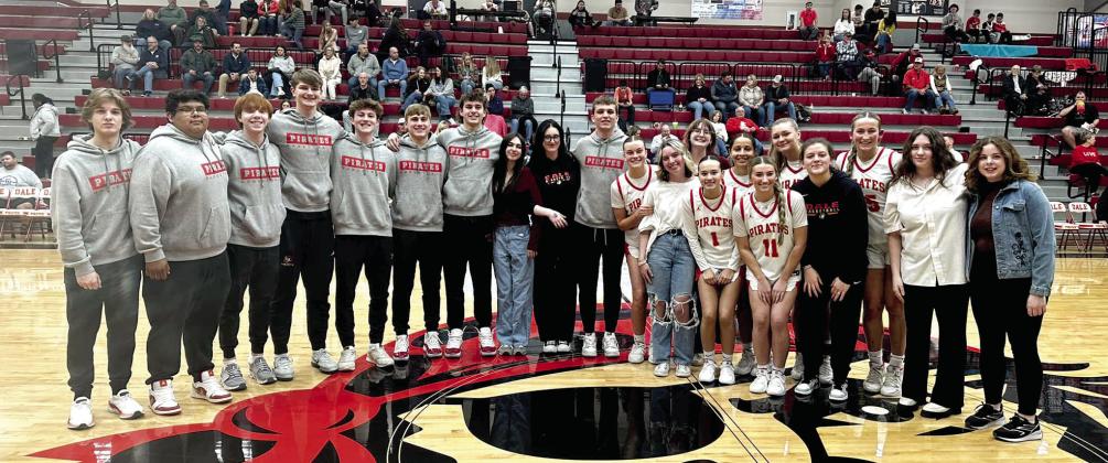 Dale High School held their Basketball Senior Night ceremony on Feb. 4. Shown, from left, are seniors Jaxon Dickerson, Inasio Garza, Easton Edmonson, Tray Chambers, Jaxon Womack, Levi Kelly, Maddox Caldwell, Hallie Cantrell, Ella Cantrell, Jett Higdon, Ava Bell, Olivia Alvillar, Sophie Hawkins, Kaleigh Strange, Catlyn Edwards, Kinsley Hill, Heartly Snyder, Chloe Kolboldt, Teague Muncy, Aryanah Marker, and Emily Fields. Photo provided.