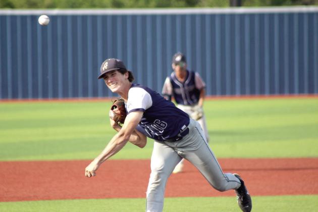 Asher sophomore Hudson Skender hurls the ball home during the Class B Baseball Regional game against Boswell,, held at the Seminole State College baseball field on May 1. The Indians played Timberlake earlier that day and won, 14-9. Then, they beat Boswell, 8-3 and 14-5. They will play in the State Tournament, starting today (May 8) at Shawnee High School, 6:30 pm. If they win, the semifinals will be May 9 at 1:30 pm, and the finals will be on May 10 at 11 am. Natasha Dunagan, Countywide &amp;amp; Sun
