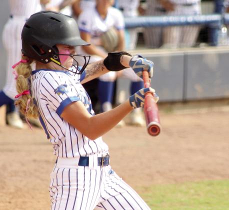 Bethel sophomore Hailey Hanmer chooses to bunt in the fifth inning of the Class 3A State Fast Pitch Quarterfinal game with Lindsay, held at Devon Park in OKC on Oct. 16. Natasha Dunagan, Countywide &amp;amp; Sun